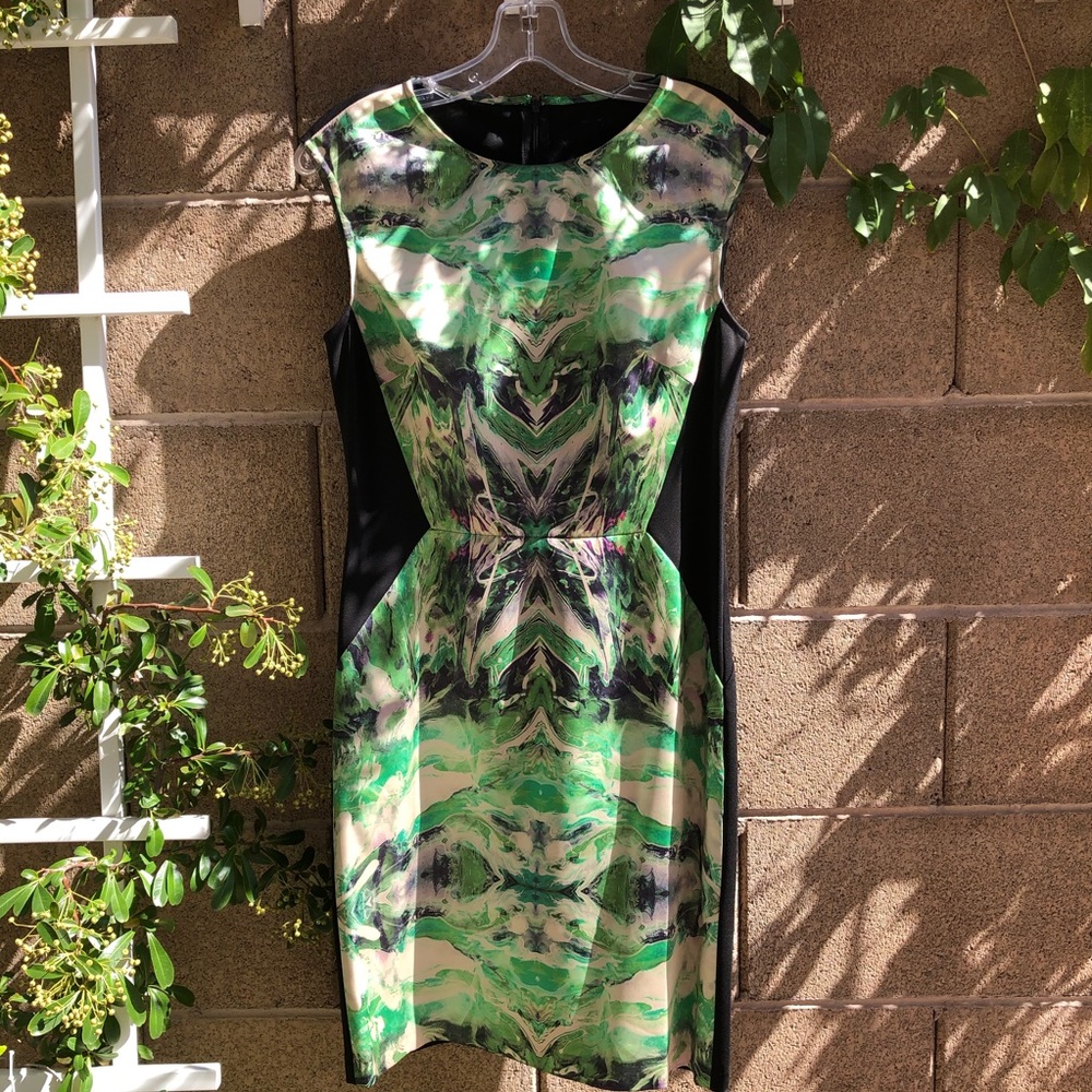 Suzi Chin Mirrored Marbled Satin and Knit Sheath